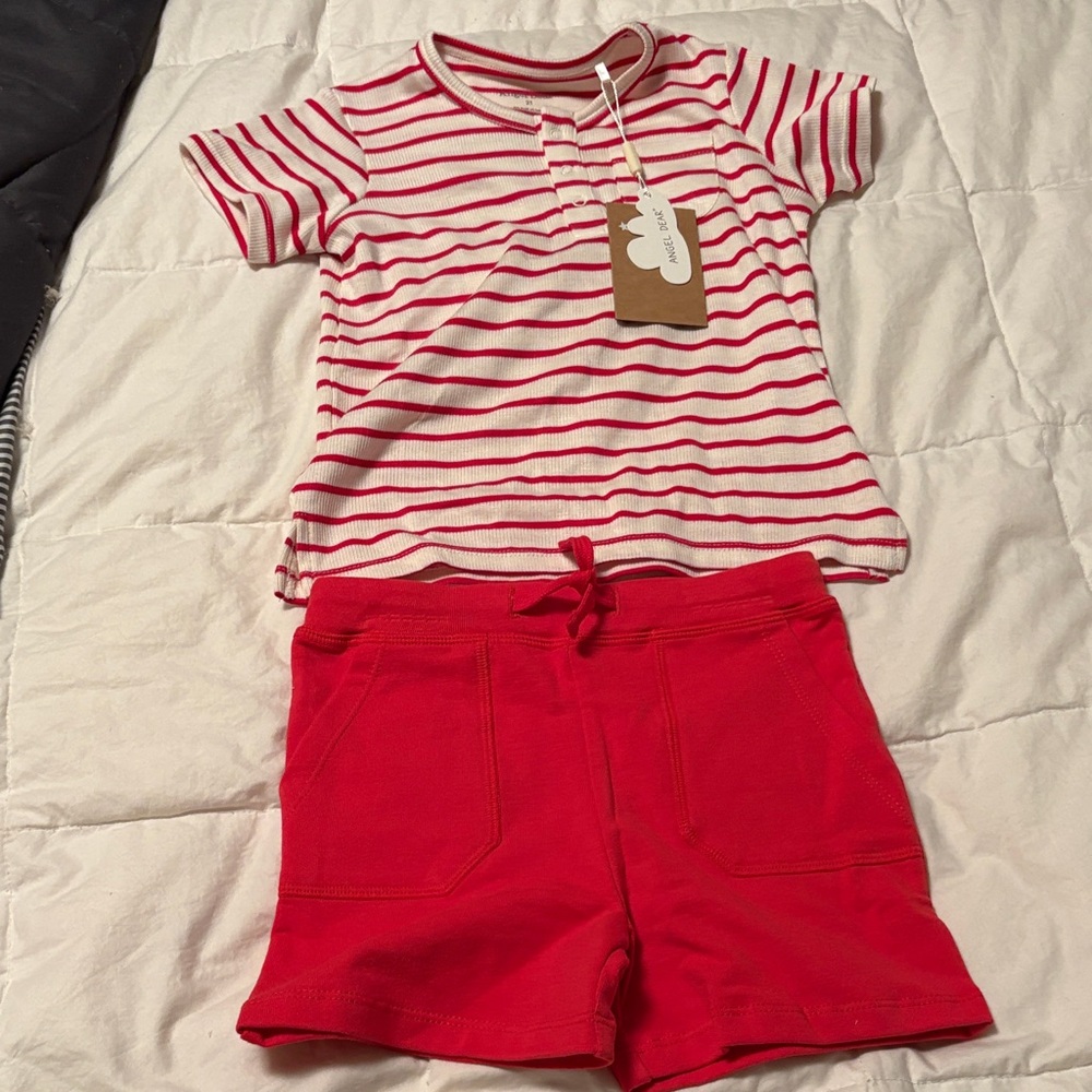 Angel Dear Red and White Striped T-Shirt with Red Shorts